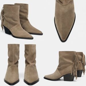 ZARA SOFT LEATHER ANKLE COWBOY BOOTS WITH FRINGE